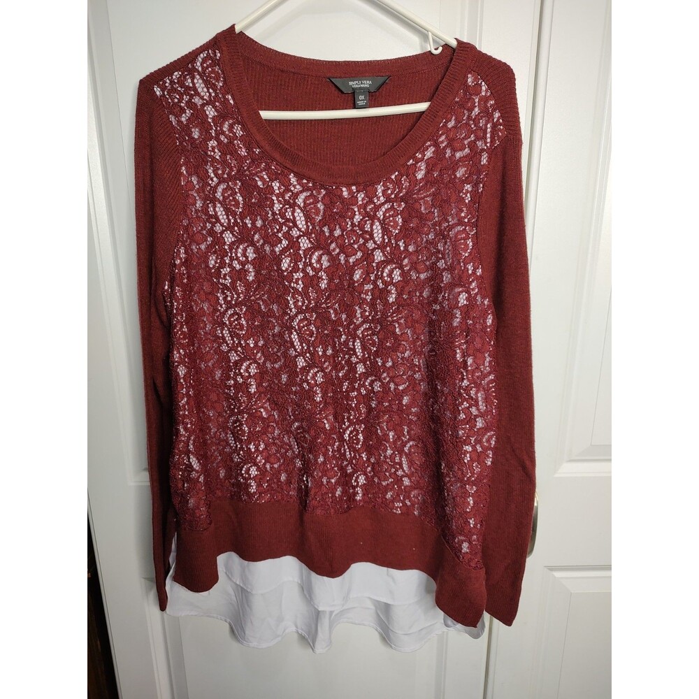 Simply Vera by Vera VeraWang Mock Layer Lace Crewneck Sweater Size 0x Plum